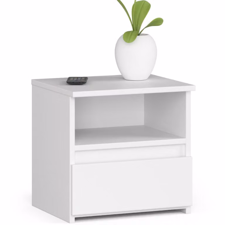 Comodino con 1 cassetto, 40x35x40 cm, soggiorno, camera da letto, ingresso, armadio, credenza, credenza alta, ampio spazio contenitivo, bianco