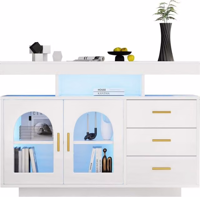 Mobile Buffet Moderno Bianco Lucido con Luci LED Integrate e 3 Cassetti e 2 Ante L: 120 cm