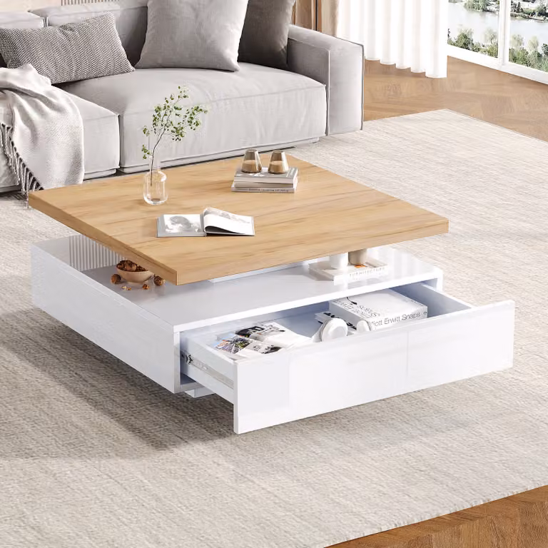 MODFU Tavolino da salotto Tavolo quadrato girevole a 360° per soggiorno, camera da letto, tavolino con tavolo rotante centrale e portaoggetti, Bianco