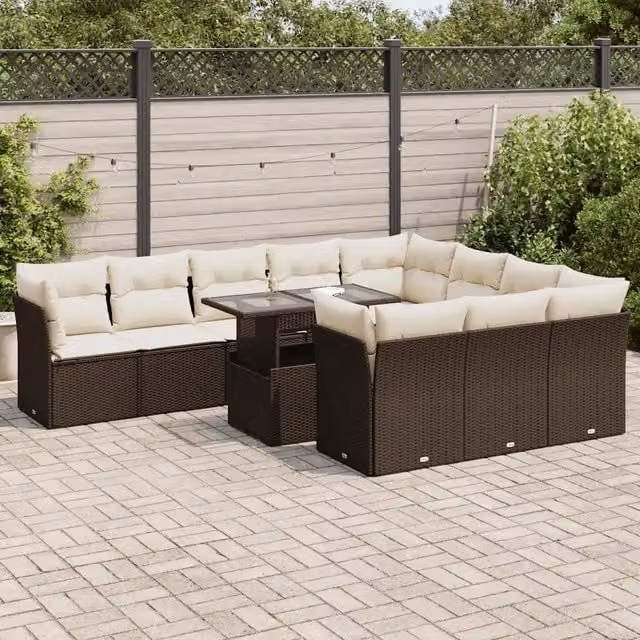 Set di Divani da Giardino a Forma di U vidaXL con 11 Pezzi, Polyrattan Marrone e Bianco, con Cuscini e Tavolino da Caffè in Vetro