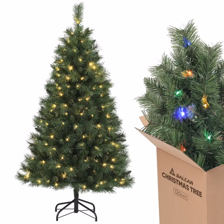 Albero di Natale artificiale Salcar da 120 cm con illuminazione, 2 colori di luce (bianco caldo/colorato), albero di Natale a LED con telecomando incluso