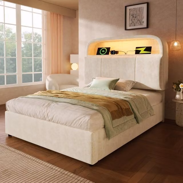 Letto contenitore REDOM in velluto beige con materasso incluso, illuminazione LED e porte USB/Type-C, L/P: 90 x 200 cm