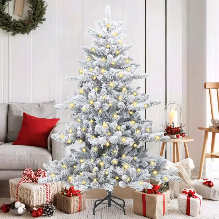 Albero di Natale artificiale moderno vidaXL bianco con luci LED bianco caldo e rami in PVC e metallo, Altezza: 150 cm
