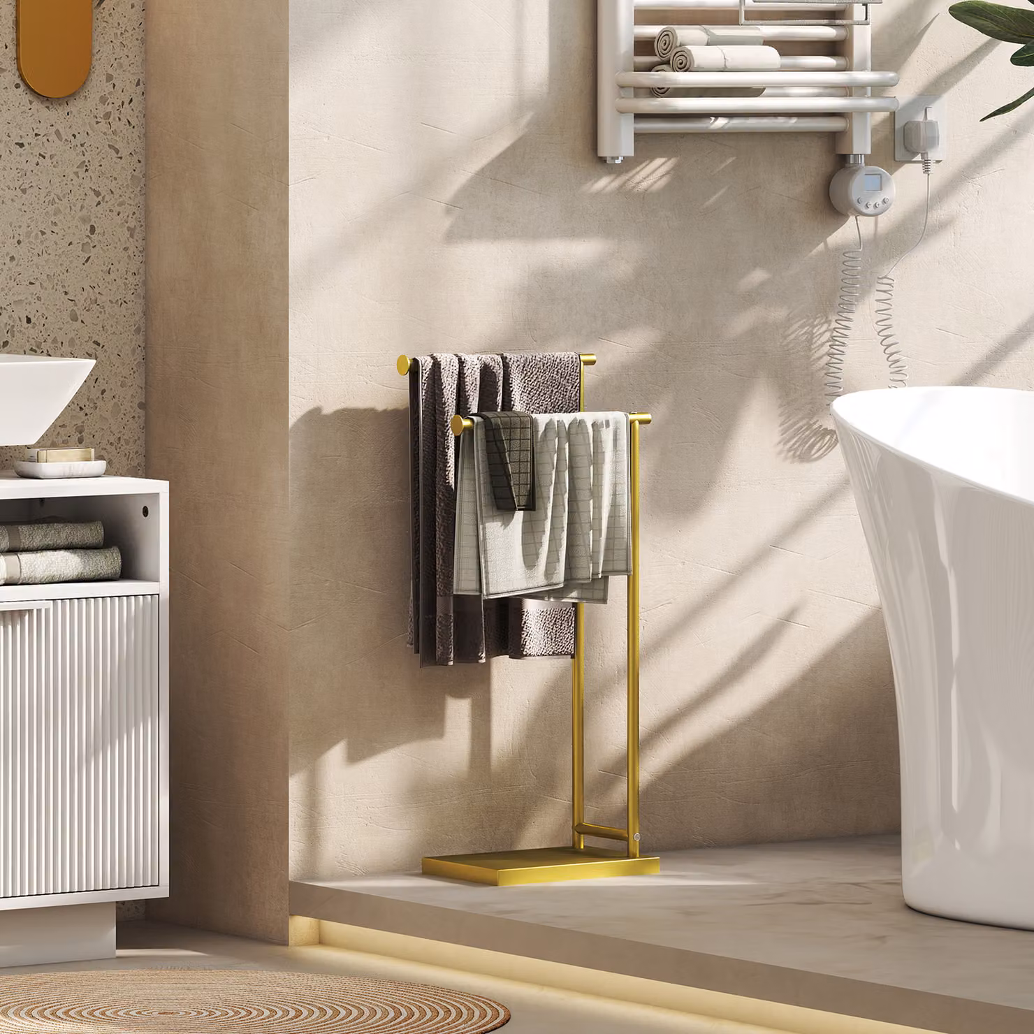 Portasciugamani da Bagno Moderno a Forma di L HOMCOM con 2 Barre in Metallo, Oro, L/P/H: 35,5 x 20 x 78 cm – 2