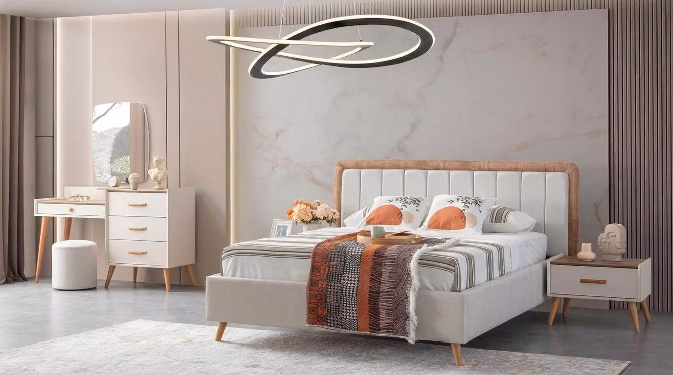 Set per camera da letto: letto, armadio, 2 comodini, cassettiera, specchio, poggiapiedi, colore chiaro