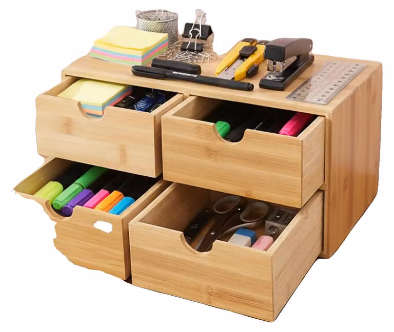 Organizzatore da scrivania in bambù, con 4 livelli di spazio, design minimalista, dimensioni compatte, superficie in legno naturale e 4 cassetti capienti