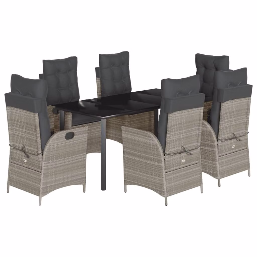 Set da Pranzo da Giardino 7 pz Cuscini Polyrattan Grigio Chiaro
