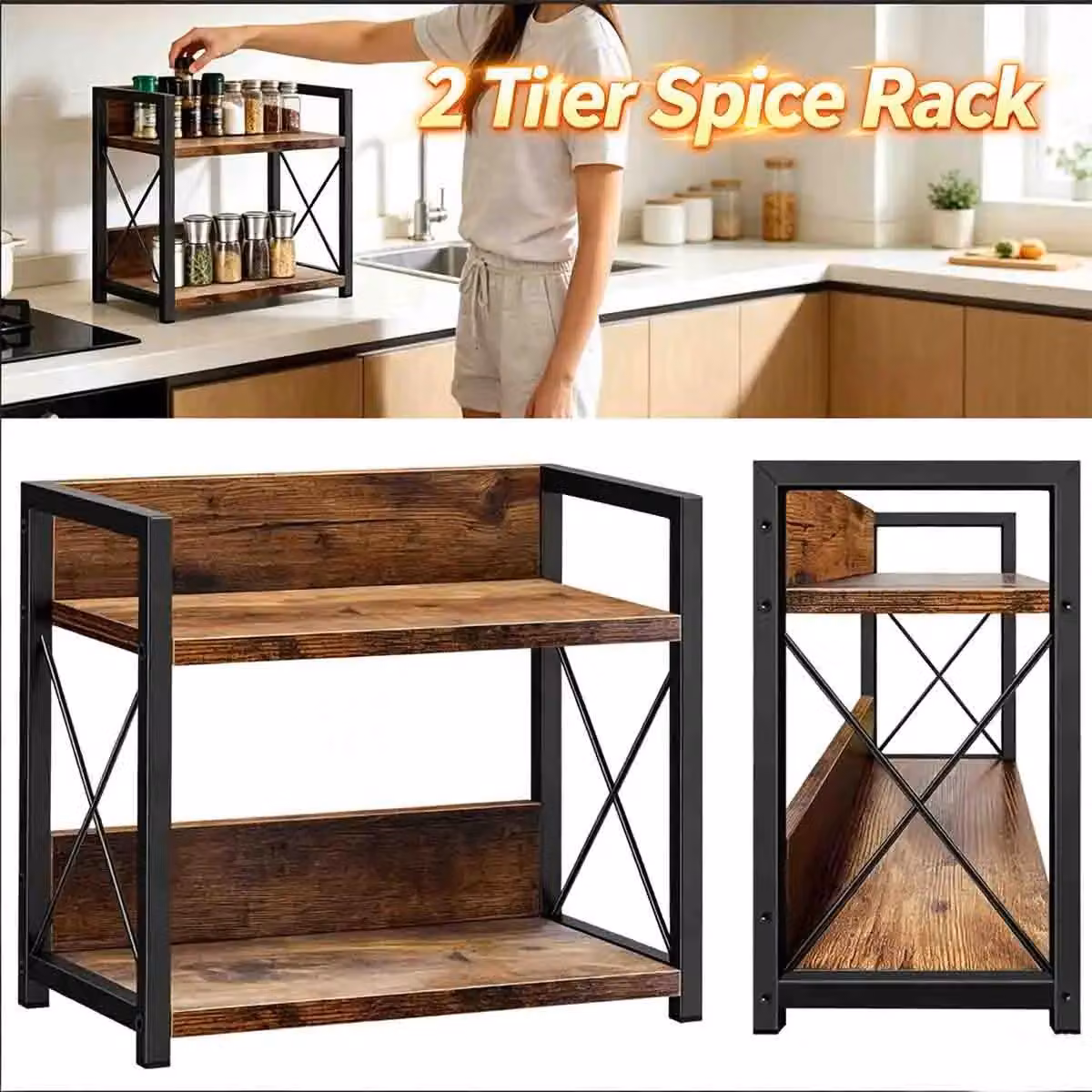 Scaffale per spezie - Scaffale a 2 ripiani - Versatile - In legno - Per la cucina - Nero