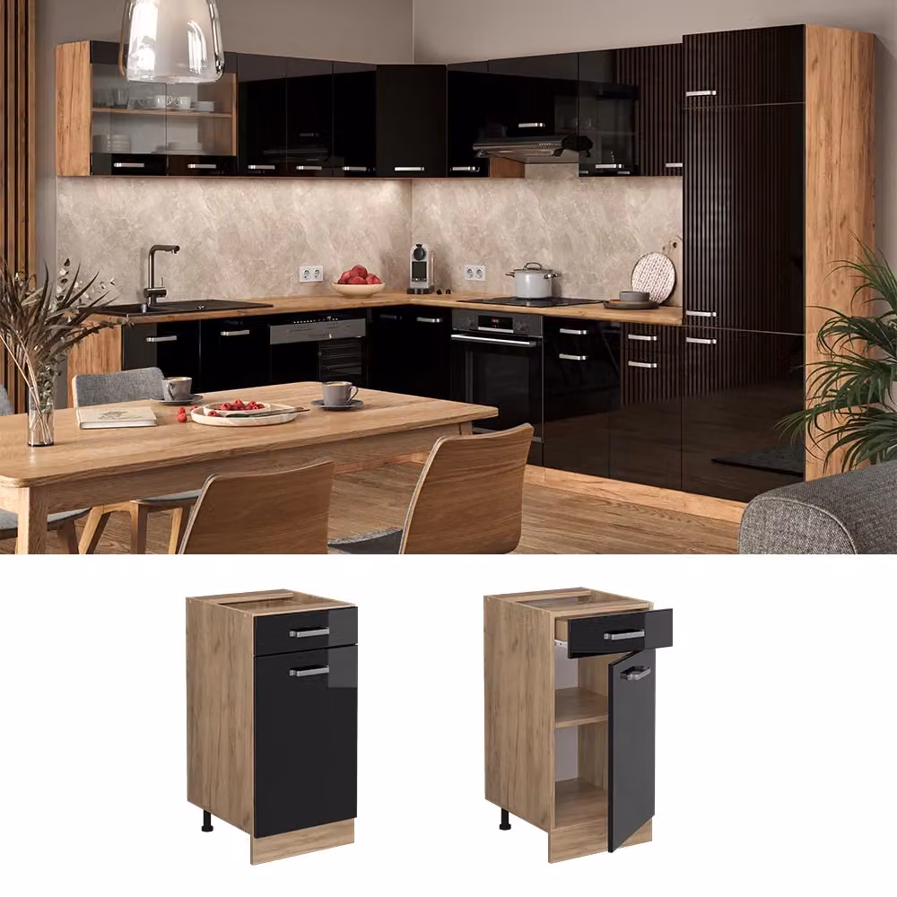 Mobiletto base per cucina Vicco R-Line Nero lucido e Rovere, L: 40 cm, H: 81.6 cm, P: 60 cm – 2