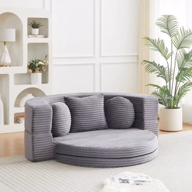 Desviae Divano letto 4 in 1 in tessuto a coste grigio trasformabile in divano semicircolare e letto da giorno rotondo