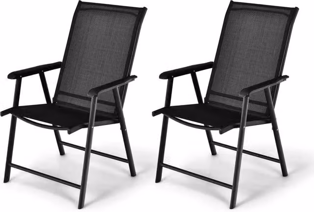 Set di 2 Sedie Pieghevoli da Esterno con Braccioli Ergonomici, Telaio in Acciaio, Nero, Resistenti e Leggere per Giardino