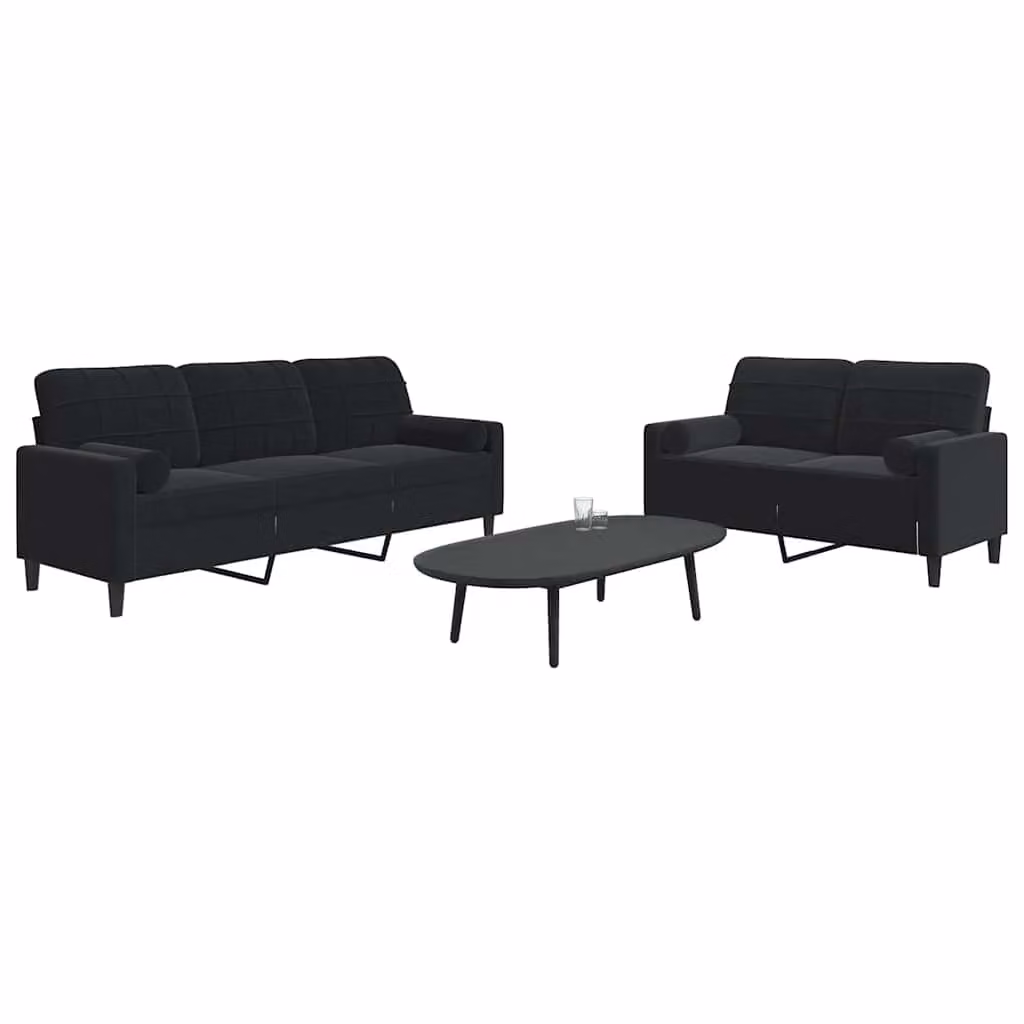 Set di 2 Divani vidaXL Moderni in Velluto Nero con Cuscini e Struttura in Metallo per Soggiorno – 1