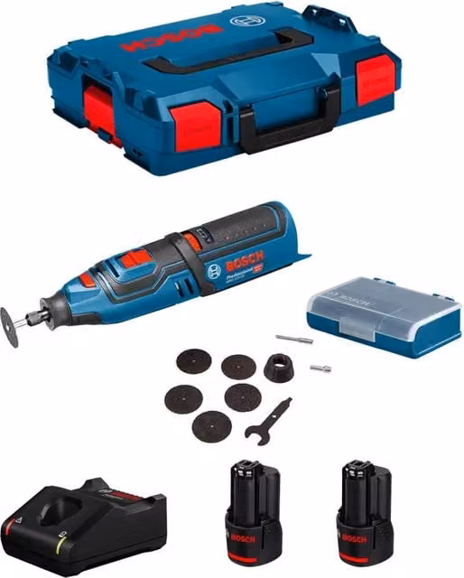 Utensile Multifunzione Bosch GRO 12V-35 con 2 batterie da 2,0 Ah, caricabatterie GAL12V-40, L-Boxx 102 e accessori, colore blu – 1
