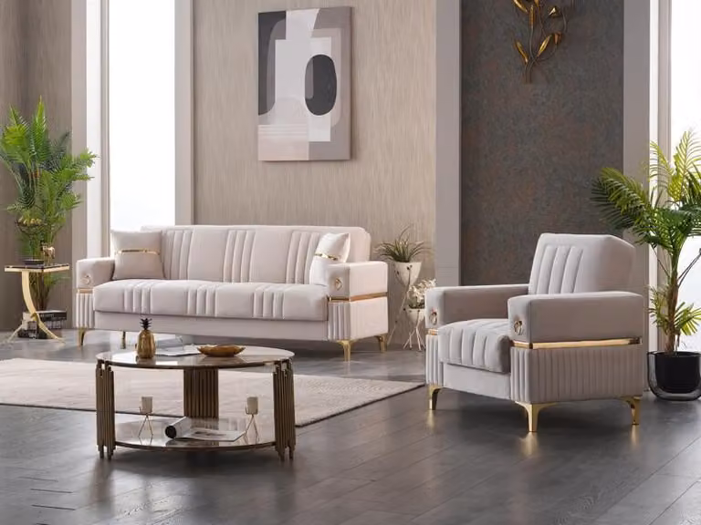 Luxus Sofagarnitur Dreisitzer Sessel Polstersofa Stoff Beige Couch