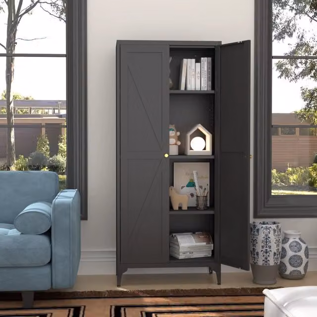 Armadio WISHDOR in metallo con 2 ante a battente e ripiani interni, colore nero e oro opaco, ideale per cucina, soggiorno, camera da letto o ufficio