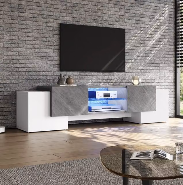 mobile TV 180 x 40 x 46,5 cm bianco e grigio con LED Bluetooth e vani