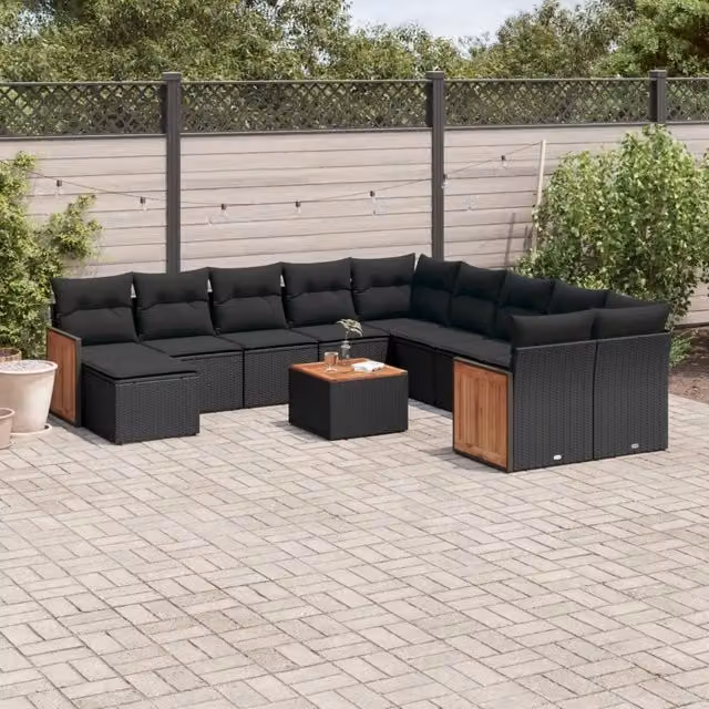 Set di Divani da Giardino vidaXL in Polyrattan Nero con Cuscini e Tavolino da Esterno a Forma di U