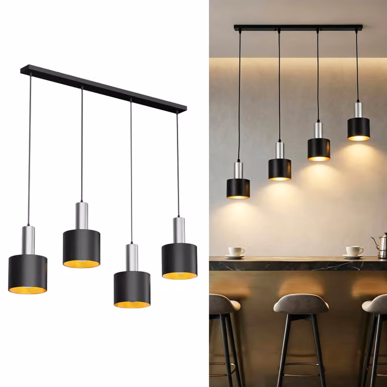 Lampada a sospensione vintage VA-Cerulean, 4 luci, finitura nero opaco, altezza regolabile (150 cm), luce bianco caldo, con lampadine incluse, ideale per sala da pranzo, cucina o soggiorno
