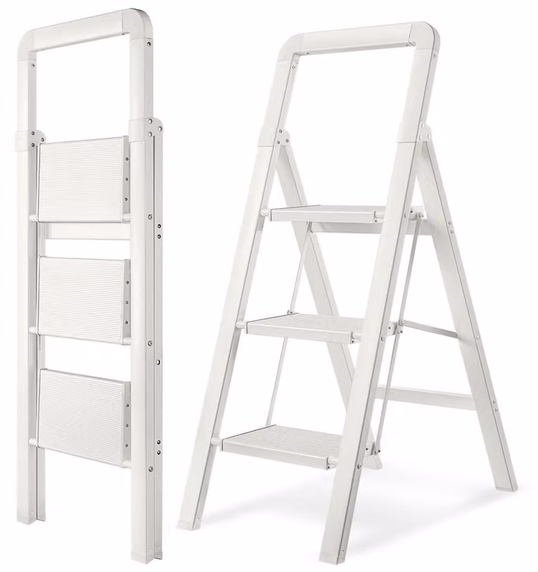 Scala a tre gradini, in alluminio, pieghevole, colore bianco, portata massima 150 kg