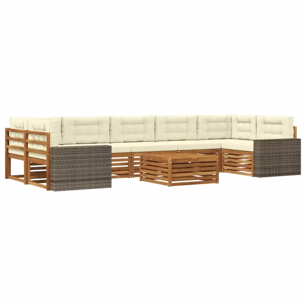 Set di divani da esterno vidaXL composto da 8 pezzi in legno di acacia e rattan con cuscini in poliestere color beige e bianco per giardino o terrazza – 2