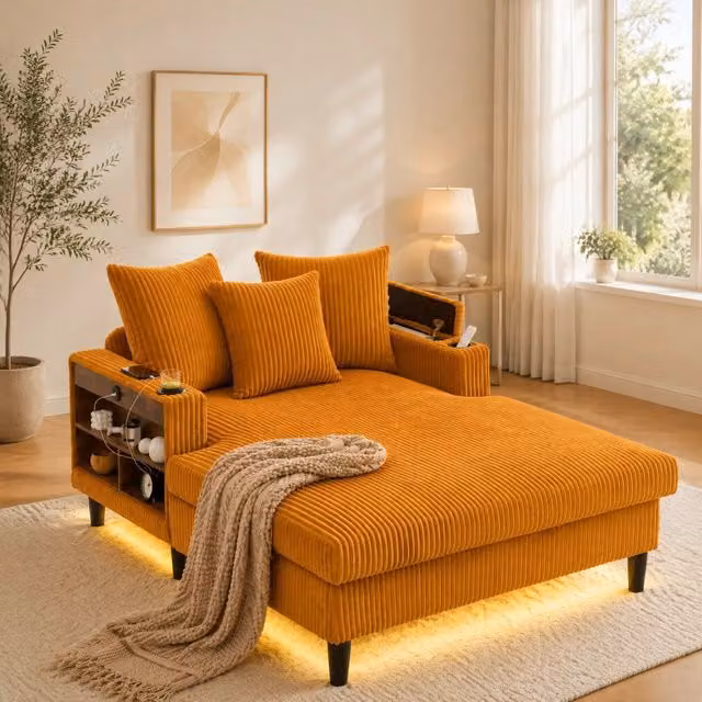 Poltrona chaise longue MIVRAY in velluto a coste giallo con contenitore, porta USB e LED