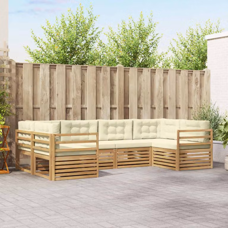 Set di divani da esterno vidaXL a forma di L composto da 6 pezzi in legno di acacia con cuscini bianchi e beige