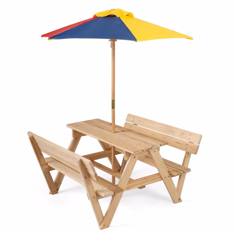 Set da giardino per bambini COSTWAY con ombrellone, tavolo da picnic con piano e 2 panche, set da giardino in legno di abete per 4 bambini dai 3 anni in su