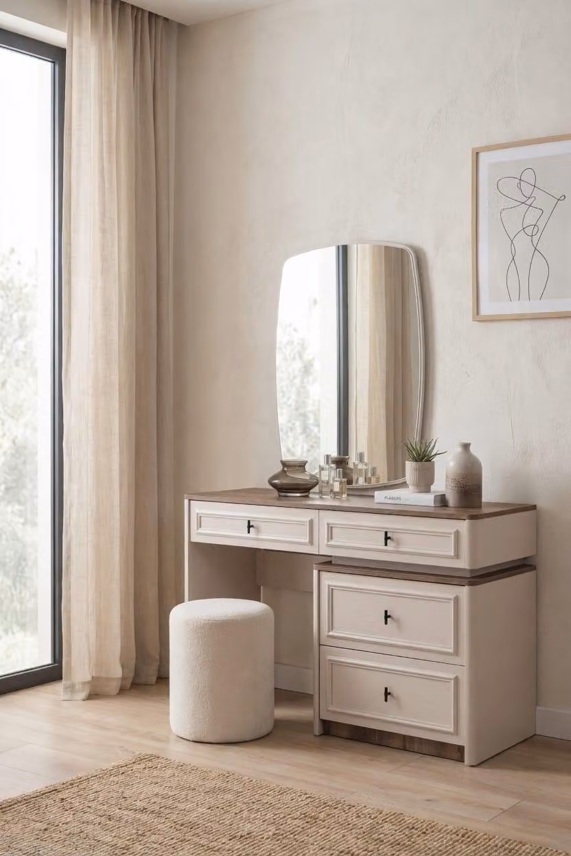 Set moderno da trucco, composto da tavolino da trucco, sgabello e specchio, dal design elegante