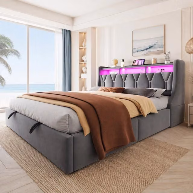 Letto matrimoniale con contenitore Mivray in velluto grigio con testiera LED e porte USB Type-C L/P/H: 221 x 180 x 193 cm