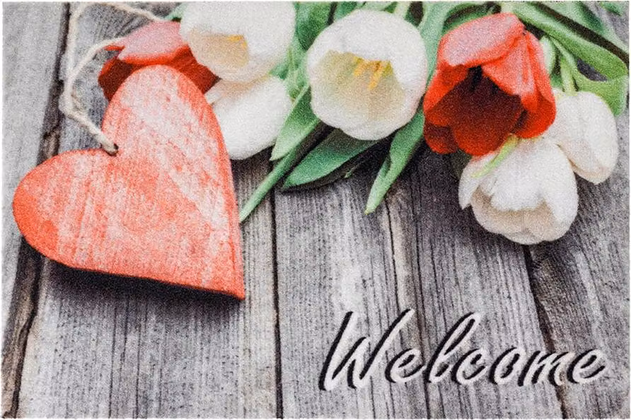 Zerbino per interni, Deco Print, 40 x 60 cm, 100% poliammide, fiori cuore benvenuto