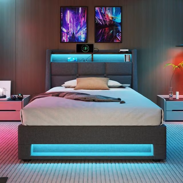 Letto imbottito 90x200 cm con LED; USB e testiera imbottita in lino grigio