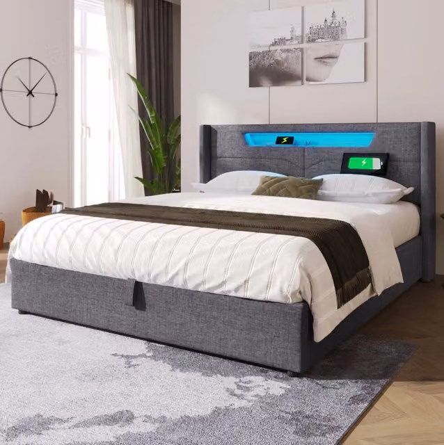 Letto imbottito 160x200 cm con contenitore; LED e ricarica USB Type C in lino grigio