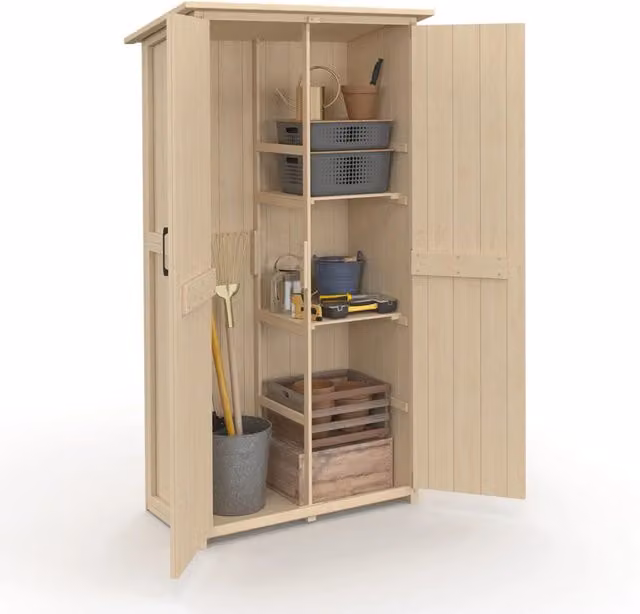 IDMarket Armadio da giardino in legno di pino marrone e beige con doppia anta, ripiani interni e tetto inclinato L/P/H: 90 x 50 x 160 cm