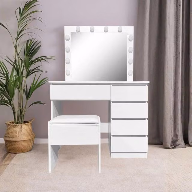 Toeletta da trucco Aurora bianca lucida con specchio led e sgabello 94X43X140H
