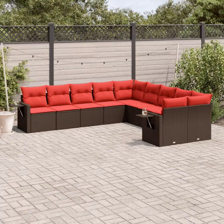 Set di divani da giardino vidaXL a forma di L composto da 10 pezzi con cuscini marroni e rossi in polyrattan e struttura in metallo resistente ai raggi UV