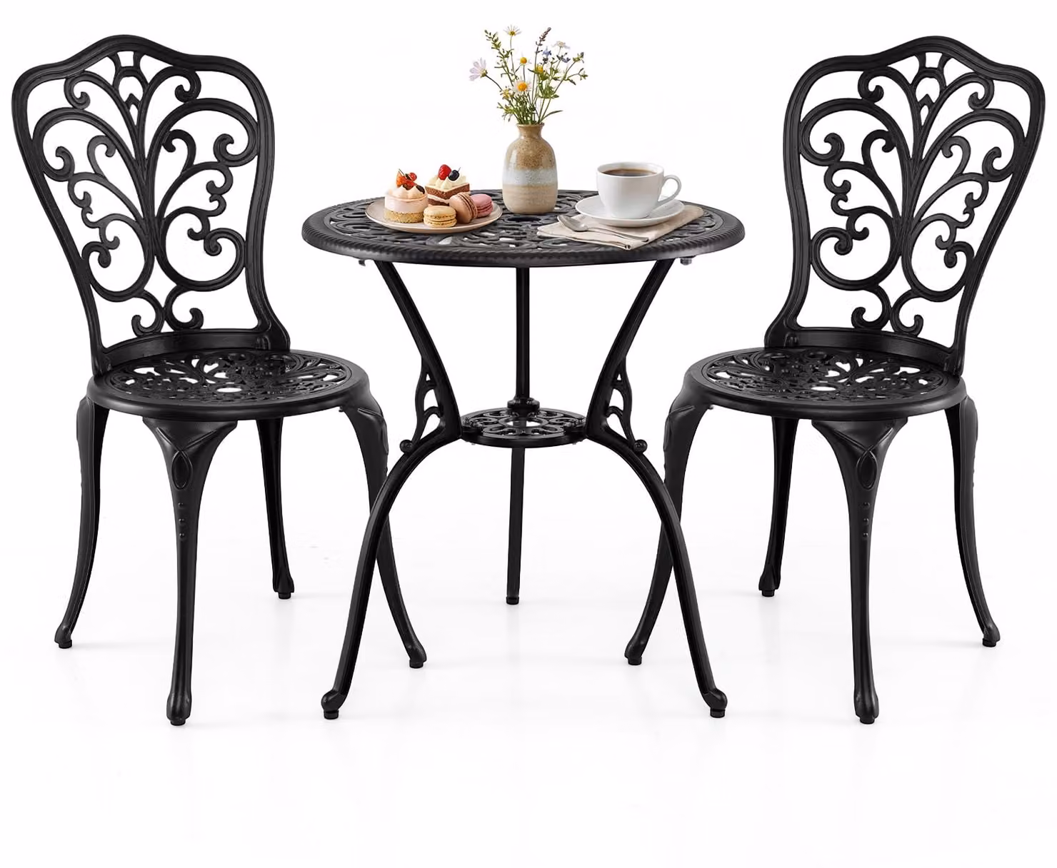 Set da balcone KOMFOTTEU, composto da 3 pezzi, resistente alle intemperie, con tavolo e sedie in alluminio pressofuso e foro per ombrellone, ideale per cortili, giardini e balconi