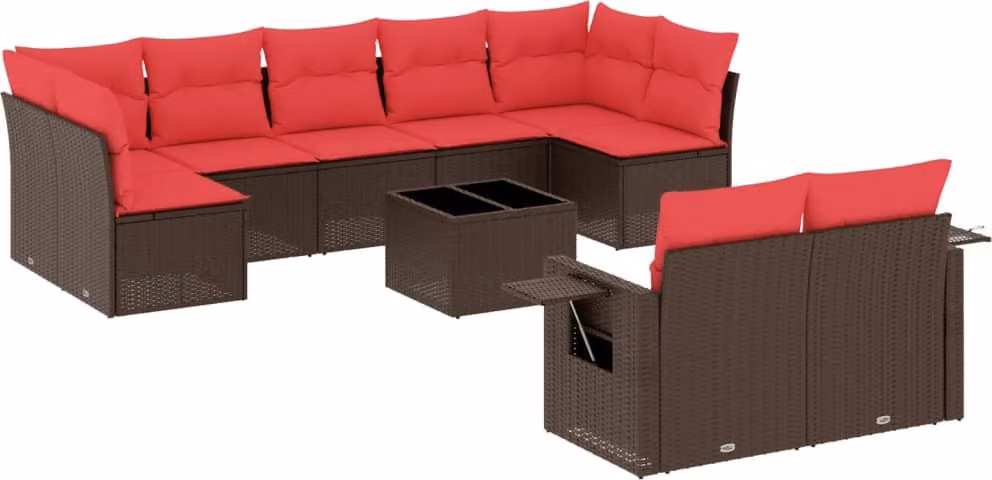 Set Divani da Giardino 10 pz con Cuscini Marrone in Polyrattan