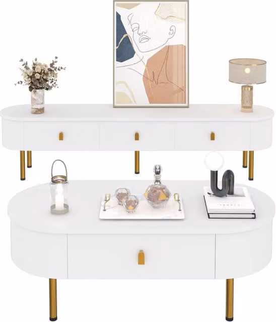 Tavolino da caffè e mobile TV Chicfurn moderno con cassetti in MDF, bianco e oro