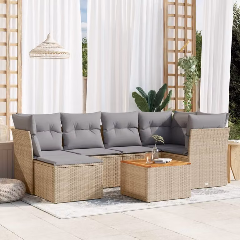 vidaXL Set Divani da Giardino 7 pz a L in Polyrattan con Cuscini Beige e Tavolino da Esterno