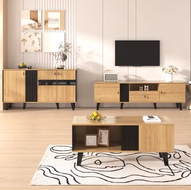 Set soggiorno 3 pezzi con tavolino; mobile TV e madia LED; in pannello particellare e vetro; nero e legno