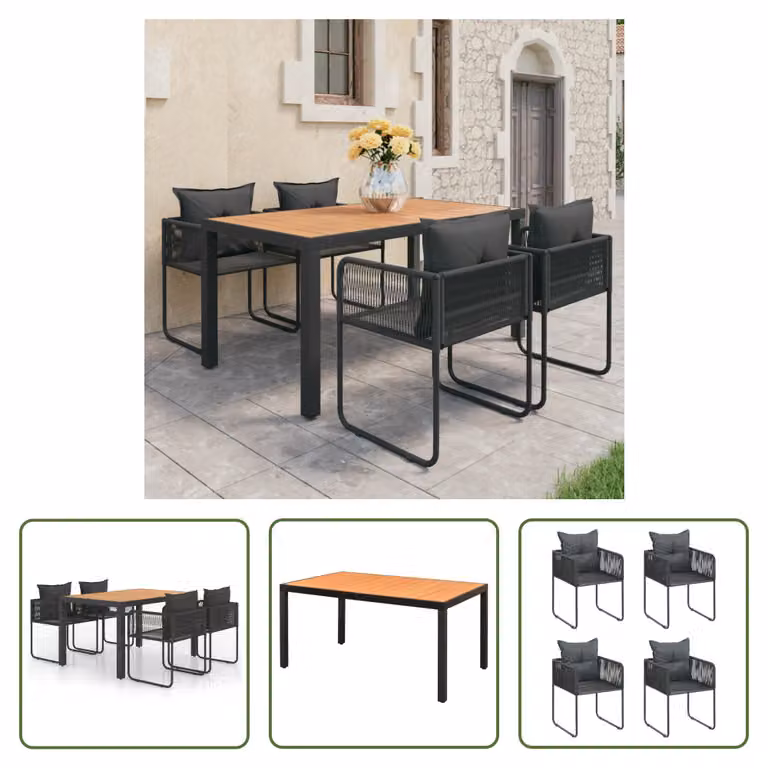 The Living Store Set da pranzo da giardino 5 pezzi in rattan PVC nero e marrone