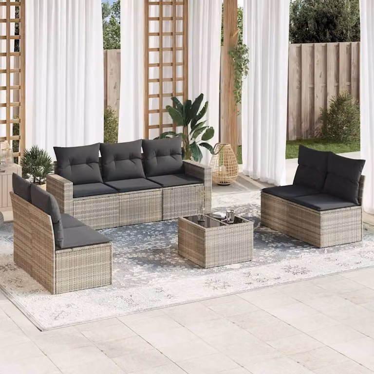 vidaXL Set Divano da Giardino 8pz in Polyrattan Grigio con Cuscini e Tavolino