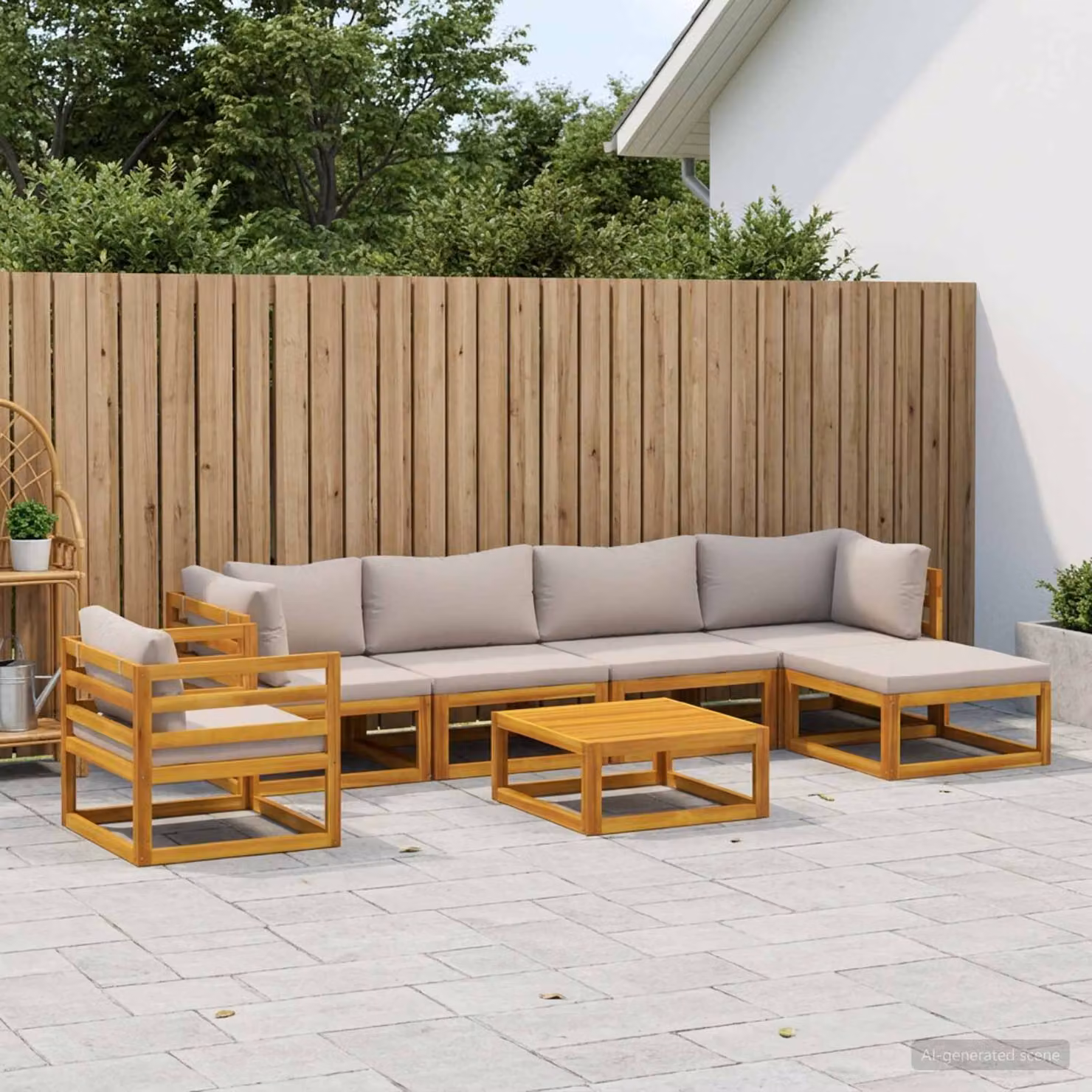 Set di divani da giardino vidaXL in legno di acacia massello con 7 pezzi, colore marrone e beige, con elementi angolari, tavolino e pouf inclusi