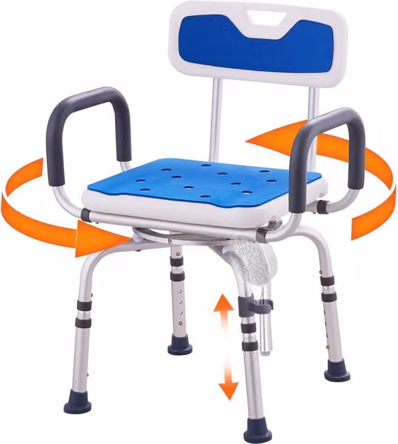 Sedia da Doccia Girevole a 360 Gradi Regolabile in Alluminio con Braccioli e Schienale per Bagno FBL650325 Portata 180 kg
