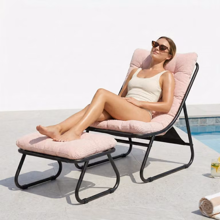 LVHOM Poltrona relax con poggiapiedi, poltrona lounge in velluto a coste per soggiorno e veranda, moderna poltrona da lettura con struttura in metallo, senza braccioli, rosa