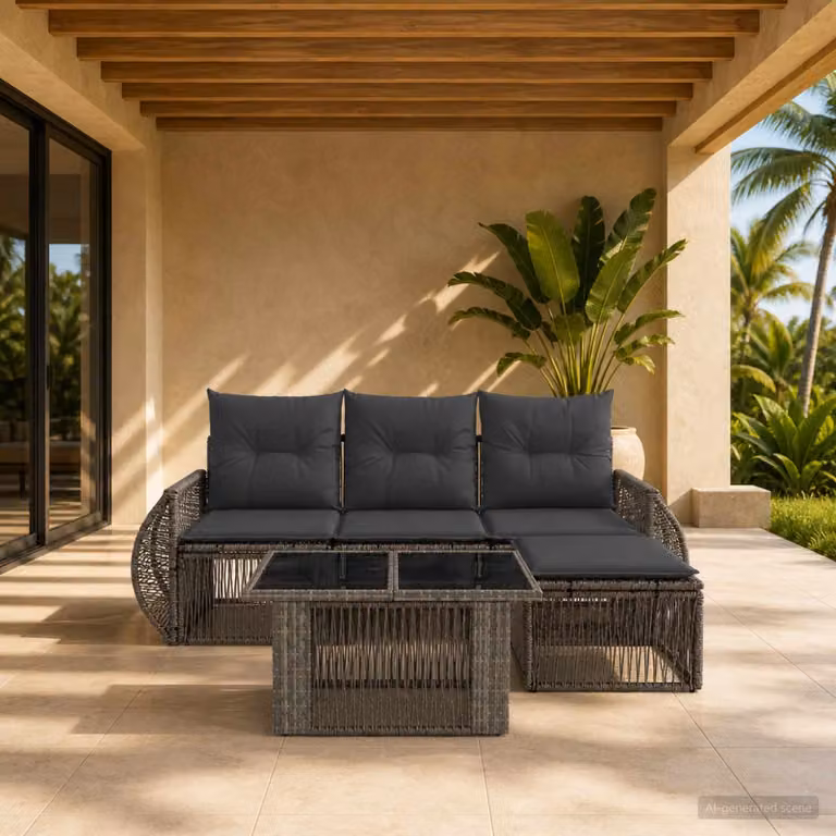 Set Divano da Giardino vidaXL 5 Pezzi a Forma di L in Polyrattan Grigio con Tavolino e Cuscini