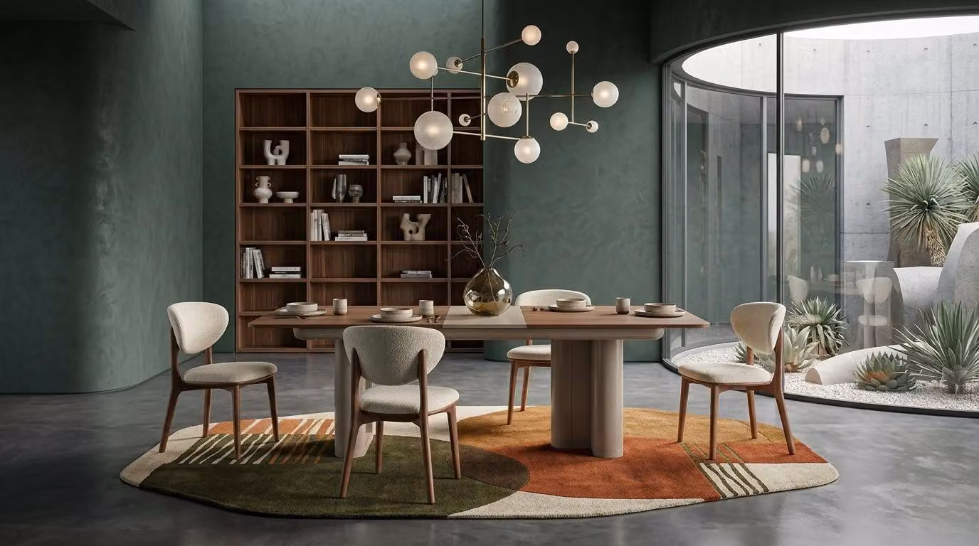 Tavolo da pranzo con 4 sedie, stile moderno, colore marrone, forma rettangolare, allungabile, per la sala da pranzo