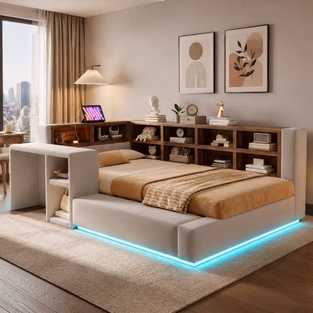Letto imbottito 90x200 cm con testiera contenitore; LED e presa; grigio chiaro