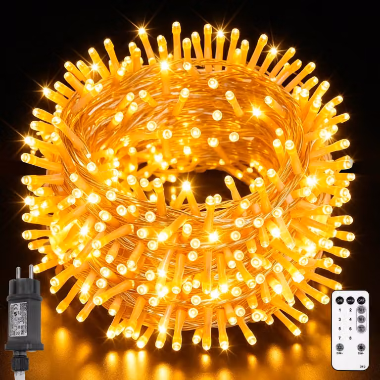 Catena luminosa per esterni, 30 metri, 300 LED, luce bianco caldo, grado di protezione IP44, 8 modalità, timer
