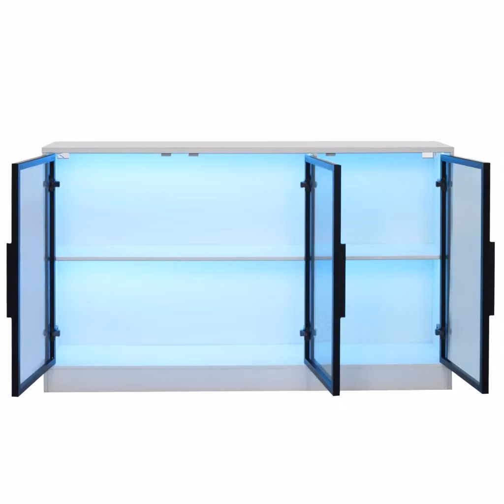Vetrina moderna OKWISH bianca con ante in vetro, illuminazione LED integrata e ripiani in vetro grigio, L/P/H: 120 x 30 x 73 cm – 2